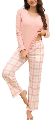 TeJoyce Pyjama Femme Coton Hiver, Ensemble De Pyjamas Femme Vêtements Nuit Manches Longues avec Boutons et Pantalon à Carreaux avec Poches, Doux et Confortable pour la Maison S-XXL