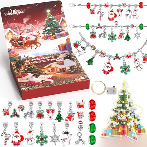 Calendario de Adviento de joyas 2025 para niños y niñas - Calendario de Adviento 2025 Mujeres Árbol de Navidad Artesanía y DIY Regalo Set con 24 sorpresas Pulseras Árbol de Navidad para niñas 6 7 8 9