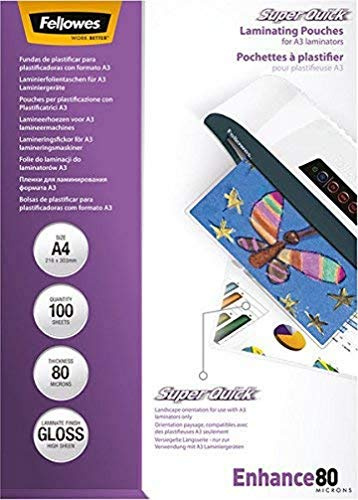 Fellowes Lamineringsfolie A4 SuperQuick, 80 mikron (2 x 80 mic), förseglad på långsidan, för A3-lamineringsapparater, 100 stycken