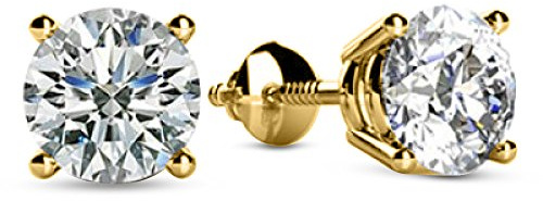 1 Carat 14K Yellow Gold LAB GROWN Solitaire Diamond Stud Earrings for Women Round Cut 4 Prong Screw Back (F-G Color, VS2-SI1 Eye Clean Clarity)