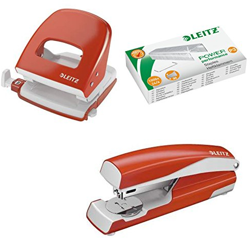 Leitz 5008 NeXXt Series Bürolocher, Metall, bis zu 30 Blatt / Kombi-Set mit Heftgerät + 1000 Klammern extra (hellrot)
