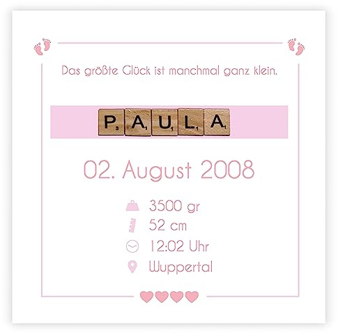 321GESCHENKE personalisiertes Geburtsgeschenk mit SCRABBLE-Buchstaben, Taufgeschenk, Geburtsanzeige, Geschenk zur Geburt, Geschenk zur Taufe mit und ohne 3D Rahmen (Rosa)