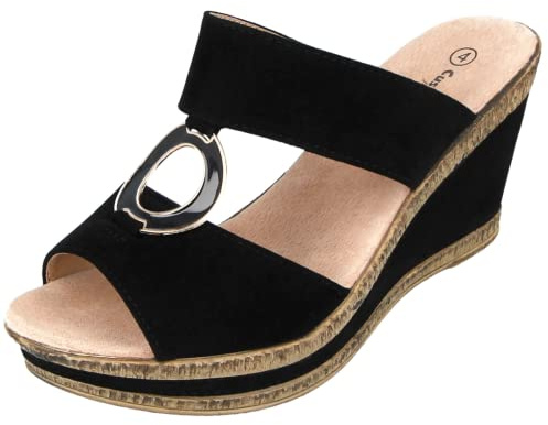 Ladies Leather Lined Peep Toe Mid Wedge Mule Sandals (Black, numeric_7)
