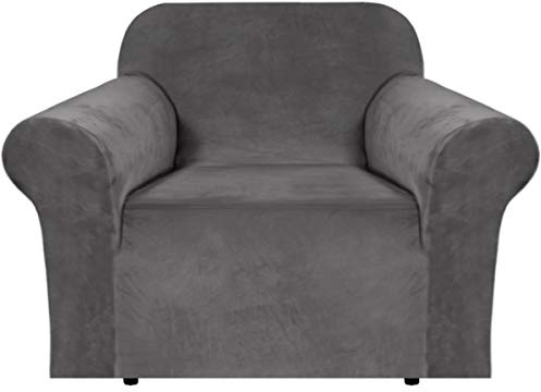 H.VERSAILTEX Stretch Velvet Armchair Cover Couch Covers 1 Cushion Chair Slipcover for Living Room Furniture Cover Crafted from Thick Comfy Rich Velour (Chair 31-49, Gray)