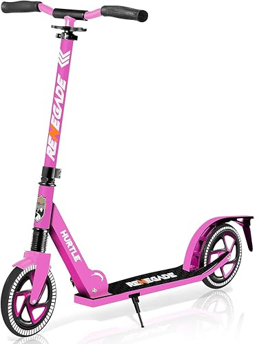 Hurtle Kick Scooter 2 Wheel Scooter for Kids Ages 8+ Teens and Adults – Folding Scooter with Adjustable T Bar Handlebar 8 Inch Big Wheels Alloy Non Slip Deck Carry Strap, Pink