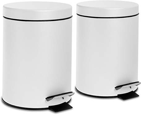 Harbour Housewares 3L Bathroom Bins - Matte White - Pack of 2 - Round Stainless Steel Pedal Bin Slim Kitchen Rubbish Trash Can Garbage Dustbin with Lid and Inner Liner Bucket
