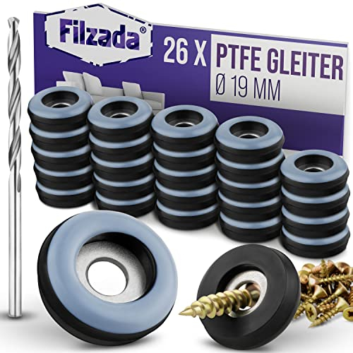 Filzada® 26x Piedini per Mobili in Teflon da avvitare - Ø 19 mm (tondo) - Pattini per mobili/pattini per moquette in PTFE (teflon) incl. viti
