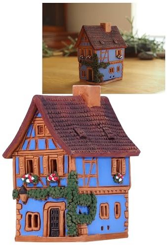 Midene Keramik Lichthaus, Teellichthalter und Räucherkegelhalter, Künstlerisches Miniatur Nachbildung des Hauses in Riquewihr, Elsass Frankreich, R231B