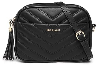 Miss Lulu Small Cross Body Bags for Women, Black Handbag for Travel, PU Leather with Adjustable Strap, V-Shaped Pattern & Tassel Detail