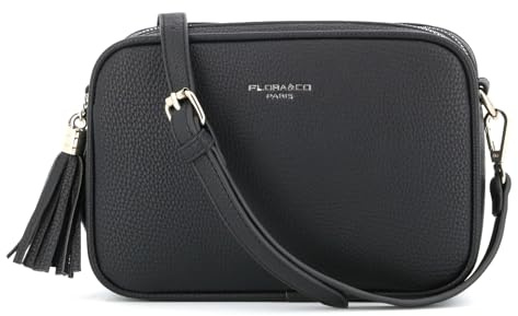 flora & co - Sac Caméra Bandoulière Femme Double Zip Frange - Sacoche Porté Epaule Croisé Forme Rectangle - Besace Ville Fourre-Tout Similicuir Grainé - Tendance Mode - Noir
