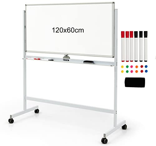 COSTWAY Mobiles Whiteboard, 120 x 60 cm, doppelseitiges magnetisches Whiteboard mit Ständer & Rollen, trocken abwischbar, verstellbare Weißtafel inkl. Zubehör für Zuhause, Büro und Schule (Weiß)