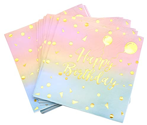 INHEMING 40 Stk. Servietten Geburtstag Mädchen Happy Birthday Servietten Rainbow Pastell Papierservietten 2-Lagig - 33x33cm