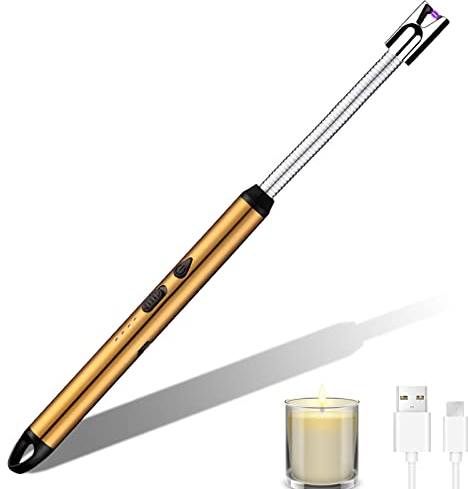 Accendino Elettrico,Accendigas USB Ricaricabile，Accendigas Elettrico Cucina Accendino Lungo per Candele leggere Stufe a gas Barbecue da campeggio,Collo Lungo Girevole a 360° (oro)