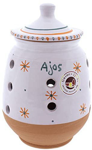 CERÁMICA ESPAÑA | Tarro para ajos | Ajero | Tarros de cocina | Recipiente para ajos | Tarros originales - Modelo M03 | 100% Hecho a mano | 13x13x20 cm