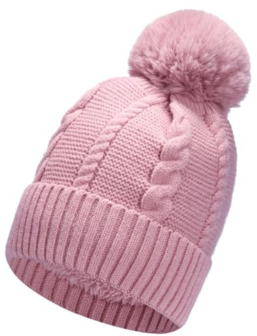 Gadgets Mafia Gorro de invierno para mujer con forro de piel sintética con pompón para mujer, rosa, Talla única