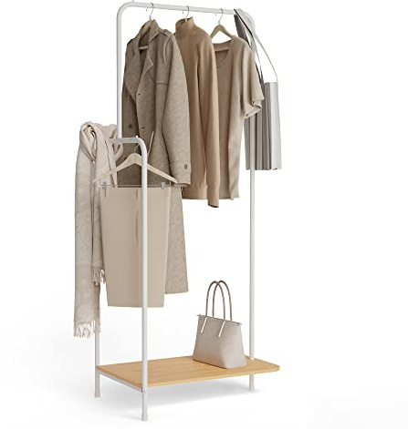 Newlux - Garderobenständer weiß bis 18kg Hangy Wood 100 mit Schuhregal. Standgarderobe aus Metall mit hoher Stabilität | Einfache Montage | Inkl. seitlicher Schiene (62x42x150cm)