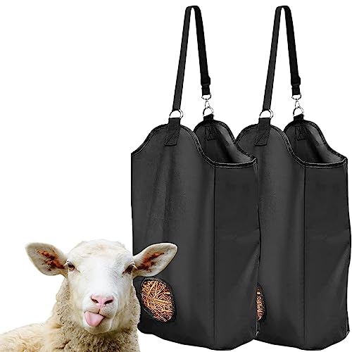 Qicfrk 2 Stück Heu-Futterspender für Ziegen, Nylon-Ziegenfutterstation, langsames Füttern, Heubeutel, weniger Heuabfall, Tragetasche mit Metallring und verstellbarem Riemen für Schafe, Pferde, Paddock
