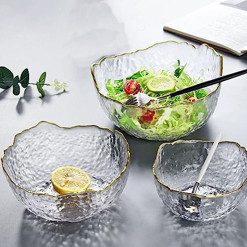 soulnioi Glass Serving Bowls, 3Pcs Gold Edge Glass Salad Bowl, Hammered Round Mixing Bowl, Decorative Fruit Bowl, Dessert Bowl for Candy, Ice Cream, Hot or Cold Food