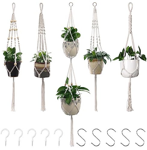 Makramee Blumenampel 5er Set, Boho Deko Baumwollseil Hängeampel Beige Blumentopf für Pflanzen Halter Aufhänger für Innen, Außen, Garten, Balkon, Terasse, Fenster