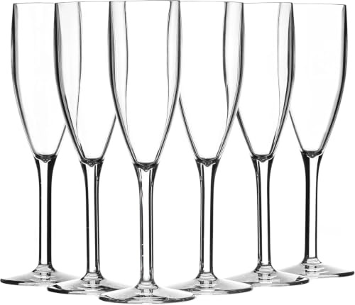SECO Lot de 6 flûtes à champagne réutilisables en polycarbonate de 190 ml, faciles à tenir, pratiquement incassables, parfaites pour les événements, le camping, les repas en plein air - Transparent