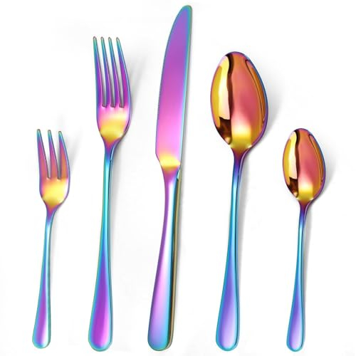Targzier Regenbogen Besteck Set 6 Personen,Multicolor 30 Stück Hochwertiges Edelstahl Besteck Bunt,Messer,Gabel,Löffel,Bunte Besteck,Spülmaschinenfest (Glänzend Regenbogen Essbesteck)