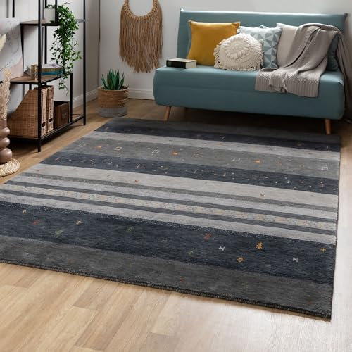 Steffensmeier Gabbeh Teppich Shiraz | Wolle, Grau, Größe: 200x300 cm Kurzflor Teppich für Wohnzimmer, Ethno Look