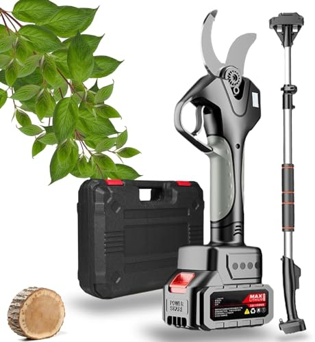 Sécateur électrique, 50MM Secateur Electrique Professionnel Avec Perche Télescopique De 2,1M, écran Lcd, Batterie Au Lithium Rechargeable,Sécateur Sans Fil Pour élaguer Les Arbres,2Battery