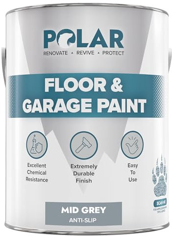 Polar Mid Grey Anti-Slip Heavy Duty Floor & Garage Paint - 5 Litre - For Concrete and Stone Floors, High Performance Paint Protection, Hard Wearing Mid-Sheen Finish & Slip Resistant
