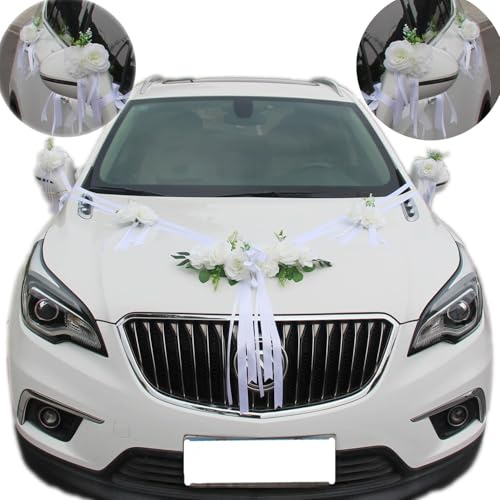 Premium Autoschmuck Hochzeit Motorhaube, Auto Schmuck Braut Paar Rose Blumen Deko, Auto Wedding Deko Girlande,Weiß Rosendekoration, Hochzeitsauto Dekorationsset mit Extrastarken Saugnäpfen und Band