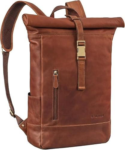 STILORD Harriet Vintage Rolltop Rucksack Leder mit Laptop-Fach 15,6-17 Zoll Fahrradrucksack Kurierrucksack für Damen und Herren aus weichem Leder Farbe:Cognac - braun