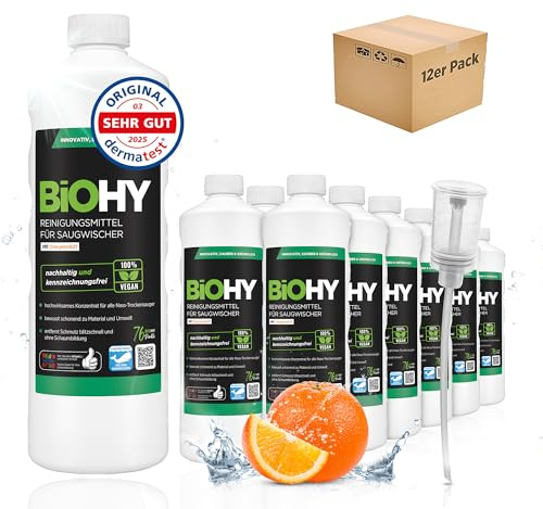 BiOHY Cleaning agent for suction wipers with orange scent (12 x 1l Bottle) + Dispenser | 1:200 concentrate for all wet-dry vacuum cleaners | ideal for tiles, PVC, parquet, laminate & carpet