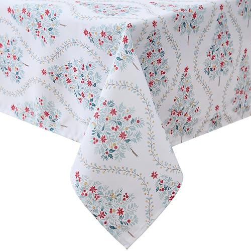 Laura Ashley Decorative Tablecloth, Wrinkle and Stain Resistant, Spillproof Water Repellent, Easy Care Washable Polyester Fabric for Dining, Kitchen, Holiday and Party, 70 Round, Tree Trellis | Water repellent holiday-themed tablecloth resists wrinkles, spills and stains, ideal for Christmas dining or kitchen table