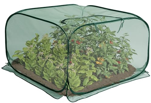 35 x 35 x 27.5 Pop Up Mesh Plant Cover, Foldable Plant Protector Mesh Plant Enclosure, Garden Net Cage Guard Cover with 4 Ground Stakes for Protecting Plant Vegetable Fruit from Birds Insects