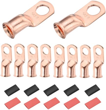 DMiotech 10 Pcs 1 AWG - 3/8 Copper Cable Lugs, Battery Cable Ends, Heavy Duty Copper Wire Lugs with 10pcs Heat Shrink Tubing for Electrical Projects, Copper
