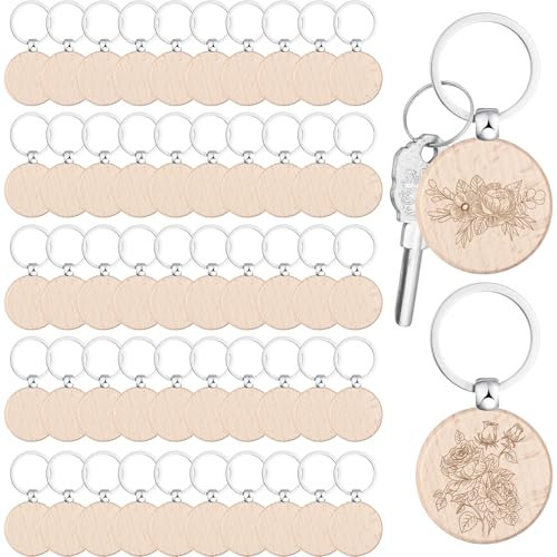 50 Stück Personalisierte Runde Blanko Holz Schlüsselanhänger mit Umkippring aus Edelstahl für Handwerk Gravur Pyrografie (rund)