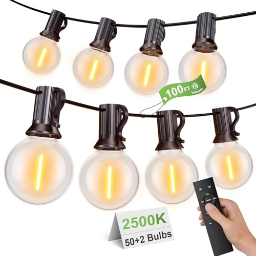 Miootly Outdoor Festoon Lights Remote Control, 30M/100FT Waterproof Dimmable Garden LED String Lights- 2500K Warm White, Mains Powered for Wedding, Party, Indoor & Outdoor Use