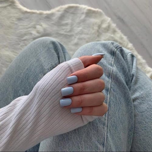 KQueenest Light Blue Press on Nails Short Square, Short False Nails Coffin, Glossy Solid Small Pastel Blue Fake Nails Set, Perfectly Fit, Reusable Gel Stick on Nail for Women Daily Wear 24 Pcs