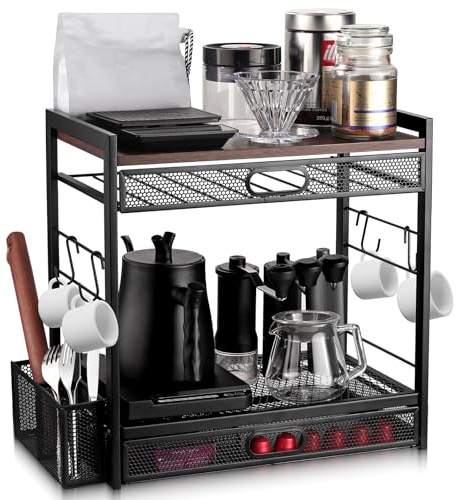Diceaynico 3 Tier Coffee Bar Organizer, K Cup Organizer, Countertop | Pull-Out 30+ Capsule Capacity, 4 Hooks & Storage Basket, Coffee Station for Kitchen Office Mugs Tea
