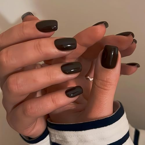 KQueenest Press on Nails Kurz – Sheer Schwarz Nägel zum Aufkleben Kurz, Einfarbig Eckig Fake Nails, Quadratische Künstliche Nägel Set für Frauen & Mädchen, 24 Stück