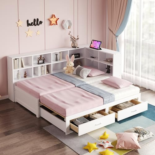 RIAZOS Einzelbett Schlafsofa 90/180x190 cm, Daybett mit Ausziehbett, Tagesbett mit Schubladen Stauraum, Staufach, Steckdose, Holzbett mit Lattenrost, Weiß
