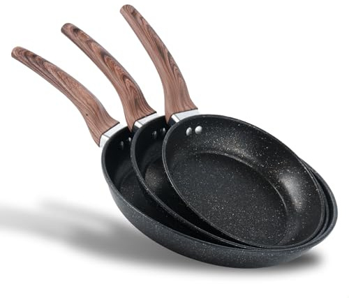 Qivee Bratpfannen-Set, 3-teilig, 22/26/30 cm, Gusseisen-Struktur, Antihaftbeschichtet, für alle Herdarten inkl. Induktion, Schwarz