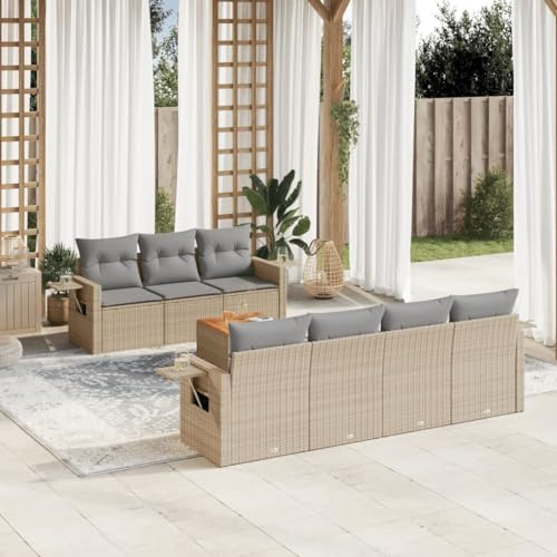 Qnhdfrt Set di 8 divani da giardino in polyrattan beige con cuscino portaoggetti e tavolo pieghevole per terrazza, giardino e balcone