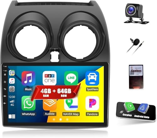 CAMECHO 4G+64G Android Car Stereo for Nissan Qashqai 2008-2013 with Wireless Carplay Android Auto, 9 Touch Screen Car Radio with Bluetooth 5.0 32EQ GPS WiFi FM Backup Camera