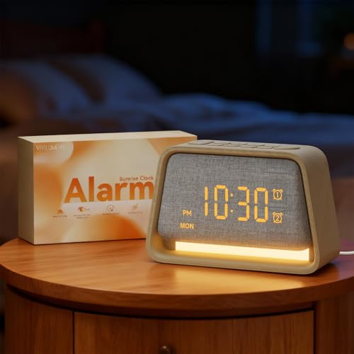 Vivilumens Dual Alarm Clock Wooden 20 White Noise Sound Machine Gentle Wake Up Light for Adults Sleeping Digital Dimmable Night Light Bedside Lamp Sunrise Alarm Clock for Bedroom Gift for Mom Girls