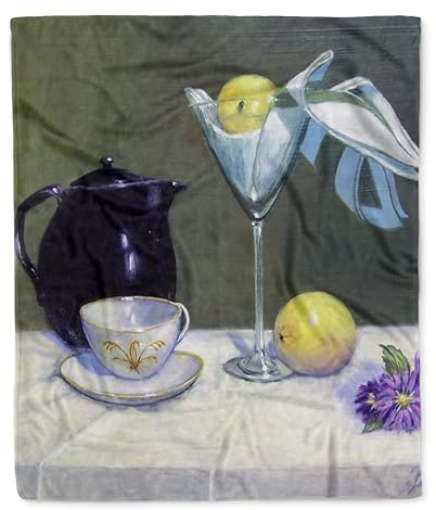 3dRose Beautiful Indigo Tea Pot, Champagne Glass, Bright Lemon, with White and Gold Cup and Saucer Silktouch Minky Blanket