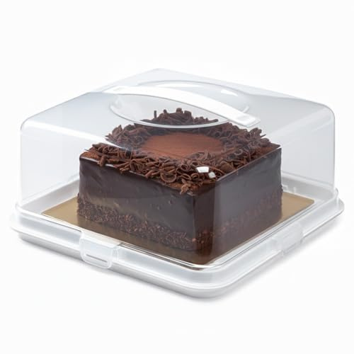 Besto Plastic Cake Box with Lid | Transparent Square Cake Carrier with Handle & Lockable Clips | Airtight Cake Container for Cakes, Pies & Pastries