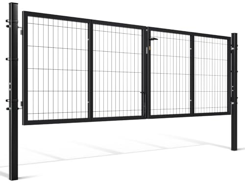 Aopunly Metall Gartentor 300x100 cm, Gartentür aus verzinktem Stahl Quadratrohr Grau, inkl. Griff, Schloss und 3 Schlüsseln, Robustes Zauntor Hoftor für Gartenzaun
