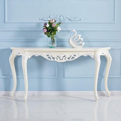 Lyxig Ornate Smal Konsolbord med Handskurna Detaljer, Tunn Ingångssoffbord för vardagsrum, hall, ingång, foyer(White+Sliver2,70.9/180cm)