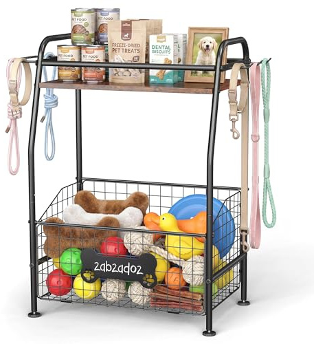 CACHOLIV Large Dog Toy Basket with Dog Storage Organizer，Trapezoid Dogs Toy Bin Box with Collar Leash Holder Hook, Toy Holder Chest Pet Storage Cabinet for Living Room
