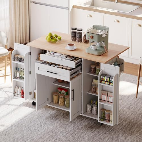 Ktipm Isla de Cocina Móvil con Mesa Plegable y 5 Ruedas, Isla Cocina con 2 Cajones y 4 Puertas, Armarios de Cocina con Estante Ajustable y Toallero, Kitchen Island, 136x45-70x92 cm, Blanco+Natural